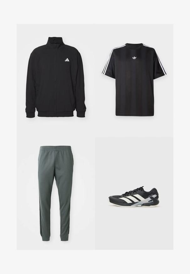 Μαύρο εξωτερικό μπουφάν από ελαφρύ ύφασμα, διαθέτει υψηλό γιακά, κλείσιμο με φερμουάρ, ελαστικές μανσέτες και λευκό λογότυπο στην αριστερή πλευρά.; Μαύρο κοντομάνικο μπλουζάκι με λευκές τρεις ρίγες στους ώμους και μικρό λευκό λογότυπο στο στήθος. Λείο υφασμάτινο φινίρισμα.; Γκρίζες φόρμες jogging με ελαστική μέση, στενές γάμπες και μαύρες ρίγες στο πλάι, φτιαγμένες από απαλή, ελαστική ύφανση.; Μαύρο αθλητικό παπούτσι με άσπρες ρίγες, διχτυωτό πάνω μέρος, στρογγυλή μύτη και μαλακή σόλα. Διαθέτει υφή στη φτέρνα και ασφαλές σύστημα κορδονιών.