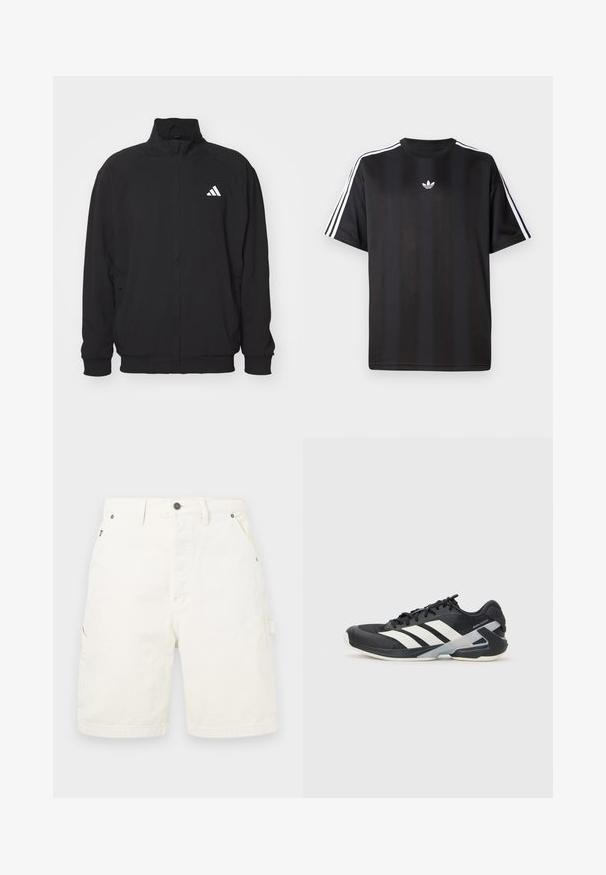 Crna vanjska jakna izrađena od lagane tkanine, s visokim ovratnikom, zatvaranjem na zip, elastičnim manžetama i bijelim logom s lijeve strane.; Crna majica kratkih rukava s bijelim trostrukim detaljima na ramenima i malim bijelim logotipom na prsima. Glatka tekstura tkanine.; Bijele pamučne cargo kratke hlače ravnog kroja, s prednjim i bočnim džepovima, metalnim kopčanjem i petljama za remen. Glatka tekstura.; Crne atletske cipele s bijelim prugama, mrežasta gornja strana, zaobljeni prst i podstavljeni đon. Imaju teksturiranu petu i siguran sustav vezivanja.