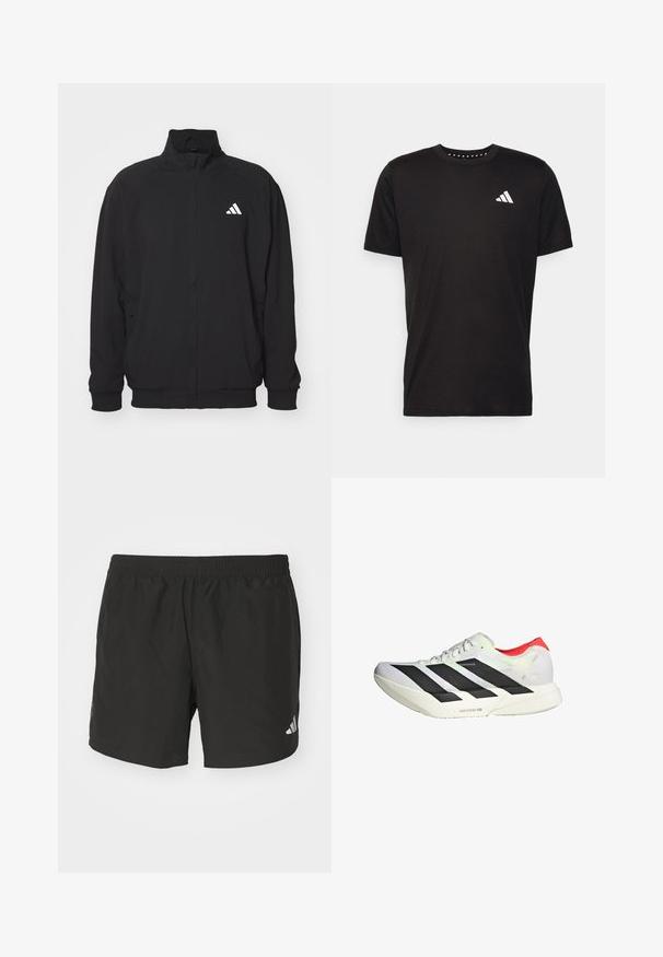 Schwarze Außenjacke aus leichtem Stoff, mit hochgeschlossenem Kragen, Reißverschluss, elastischen Bündchen und einem weißen Logo auf der linken Seite.; Schwarzes Baumwoll-T-Shirt mit kurzen Ärmeln, Rundhalsausschnitt und einem weißen Logo auf der linken Brust. Glatte Textur und einfaches Design.; Schwarze Sportshorts mit einem elastischen Taillenbund, seitlichen Schlitzen und reflektierenden Logoakzenten. Hergestellt aus leichtem, glattem Material.; Weißer Sportschuh mit schwarzen diagonalen Streifen, roten Akzenten an der Ferse und einer strukturierten Oberfläche; ausgestattet mit LIGHTSTRIKE PRO Dämpfung.