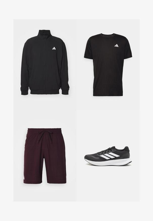 Giacca esterna nera realizzata in tessuto leggero, con colletto alto, chiusura con zip, polsini elasticizzati e logo bianco sul lato sinistro.; T-shirt in cotone nero con maniche corte, scollo rotondo e logo bianco sul lato sinistro del petto. Texture liscia e design semplice.; Pantaloni corti bordeaux realizzati in tessuto texturizzato, dotati di una vita elastica con cordoncino e di un piccolo logo bianco sull'orlo inferiore.; Scarpa sportiva nera con tomaia in mesh traspirante, dettagli bianchi e suola ammortizzata. Presenta il logo con tre strisce sul lato.