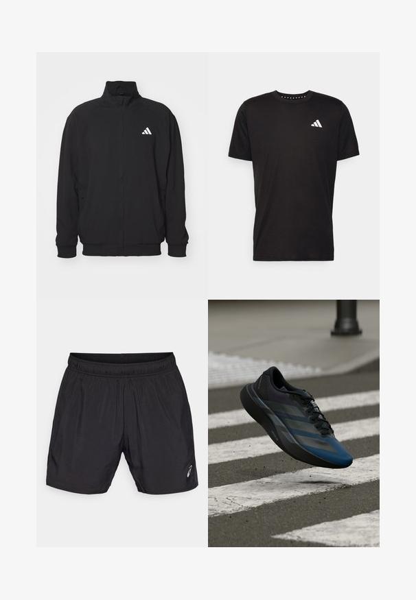 Giacca esterna nera realizzata in tessuto leggero, con colletto alto, chiusura con zip, polsini elasticizzati e logo bianco sul lato sinistro.; T-shirt in cotone nero con maniche corte, scollo rotondo e logo bianco sul lato sinistro del petto. Texture liscia e design semplice.; Pantaloni sportivi neri realizzati in materiale leggero, con una vita elastica e un piccolo logo sul lato sinistro inferiore.; Scarpa sportiva nera e blu con un design aerodinamico, presenta una tomaia testurizzata, strisce a contrasto e una suola ammortizzata, sospesa sopra l'asfalto.