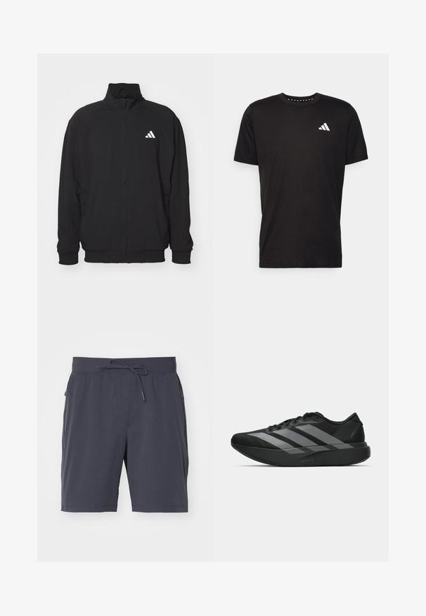 Giacca esterna nera realizzata in tessuto leggero, con colletto alto, chiusura con zip, polsini elasticizzati e logo bianco sul lato sinistro.; T-shirt in cotone nero con maniche corte, scollo rotondo e logo bianco sul lato sinistro del petto. Texture liscia e design semplice.; Pantaloni corti grigio scuro con cintura elastica e cordino. Tessuto morbido, due tasche laterali e design alla lunghezza del ginocchio. Senza motivi visibili.; Scarpe sportive nere con un design leggero, caratterizzate da tre strisce grigie prominenti, una superficie liscia e una suola sagomata.