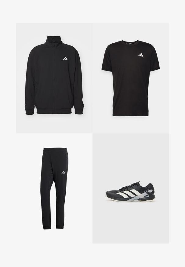 Black outer jacket made of lightweight fabric, featuring a high collar, zip closure, elastic cuffs, and a white logo on the left side.; Black cotton t-shirt with short sleeves, crew neckline, and a white logo on the left chest. Smooth texture and simple design.; Black athletic pants with a tapered fit, made of smooth fabric. Features side pockets and a reflective logo on the upper left thigh.; Black athletic shoe with white stripes, mesh upper, rounded toe, and cushioned sole. Features a textured heel and secure lacing system.