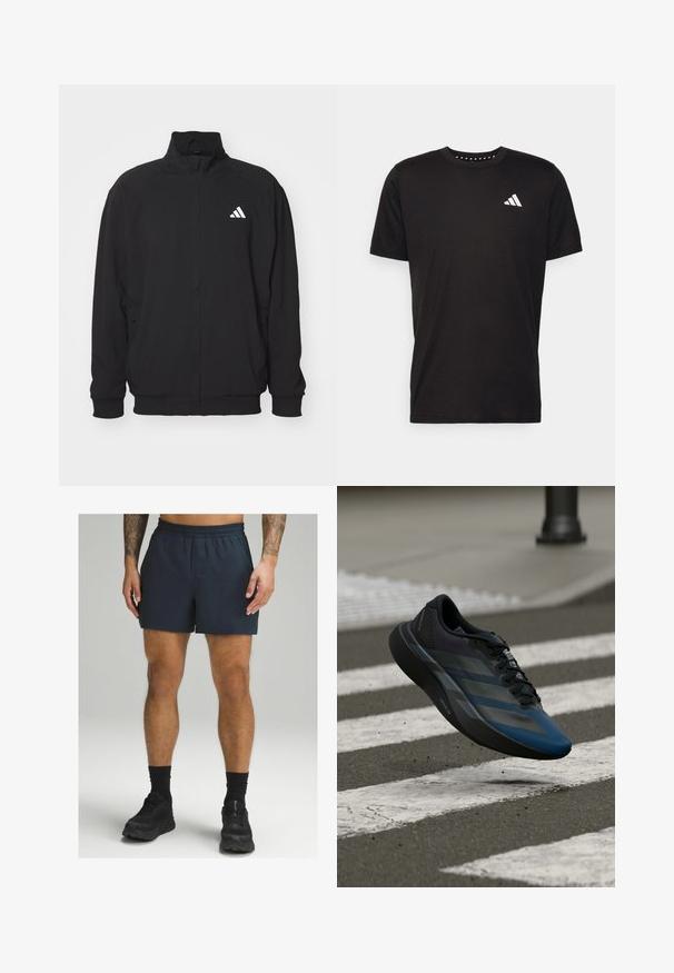 Musta ulkotakki, joka on valmistettu kevyestä kankaasta ja jossa on korkea kaulus, vetoketjusuljin, elastiset hihansuut ja valkoinen logo vasemmalla puolella.; Musta puuvillapaita lyhyillä hihoilla, pyöreä pääntie ja valkoinen logo vasemmassa rinnassa. Sujuva rakenne ja yksinkertainen muotoilu.; Tummansinisiä urheilushortsit, joissa on joustava vyötärö, valmistettu kevyestä materiaalista. Sileä pinta ja polven ylle ulottuva pituus.; Musta ja sininen urheilukenkä virtaviivaisella muotoilulla, jossa on teksturoitu päällinen, kontrastiväriset raidat ja pehmustettu pohja, leijumassa päällysteen yläpuolella.