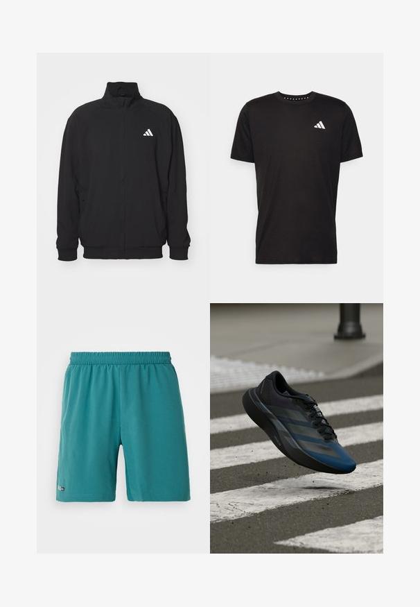 Must kandjast valmistatud kergest kangast, millel on kõrge krae, lukuga sulgemine, elastsed mansetid ja valge logo vasakul küljel.; Must must ka t-särk lühikeste varrukatega, ümmarguse kaelusega ja valge logoga vasakul rinnal. Sile tekstuur ja lihtne disain.; Teal värviga elastse vööga spordilühikesed püksid, mille vasaku jala hemil on väike "Climacool" silt, esitletud valgel taustal.; Must ja sinine spordijalats voolava disainiga, millel on tekstureeritud üliskihiga, kontrastsed triibud ja pehme tallaga, hõljumas asfaldipinna kohal.