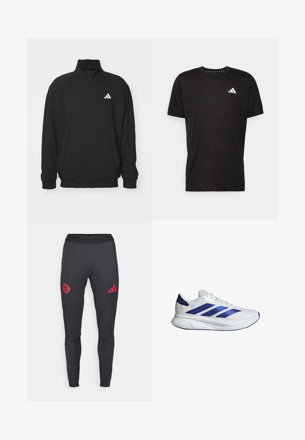 Giacca esterna nera realizzata in tessuto leggero, con colletto alto, chiusura con zip, polsini elasticizzati e logo bianco sul lato sinistro.; T-shirt in cotone nero con maniche corte, scollo rotondo e logo bianco sul lato sinistro del petto. Texture liscia e design semplice.; Pantaloni sportivi neri realizzati in tessuto elasticizzato. Presentano il logo rosso del Bayern Monaco e il logo delle tre strisce sul lato. Vita elastica per un maggiore comfort.; Scarpe da ginnastica bianche con accenti blu, tomaia in rete, tre strisce blu, punta arrotondata, suola leggera e superficie texturizzata per una migliore aderenza.