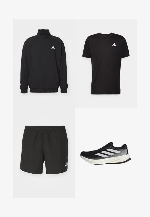 Černá vnější bunda vyrobená z lehkého materiálu, s vysokým límcem, zipovým zapínáním, elastickými manžetami a bílým logem na levé straně.; Černé bavlněné tričko s krátkým rukávem, kulatým výstřihem a bílým logem na levé hrudi. Hladká textura a jednoduchý design.; Černé sportovní šortky s elastickým pasem, bočními rozparky a reflexními akcenty loga. Vyrobené z lehkého a hladkého materiálu.; Černá sportovní boty s síťovaným designem, s bílými pruhy, zaoblenou špičkou a texturovanou podrážkou pro lepší přilnavost a oporu.