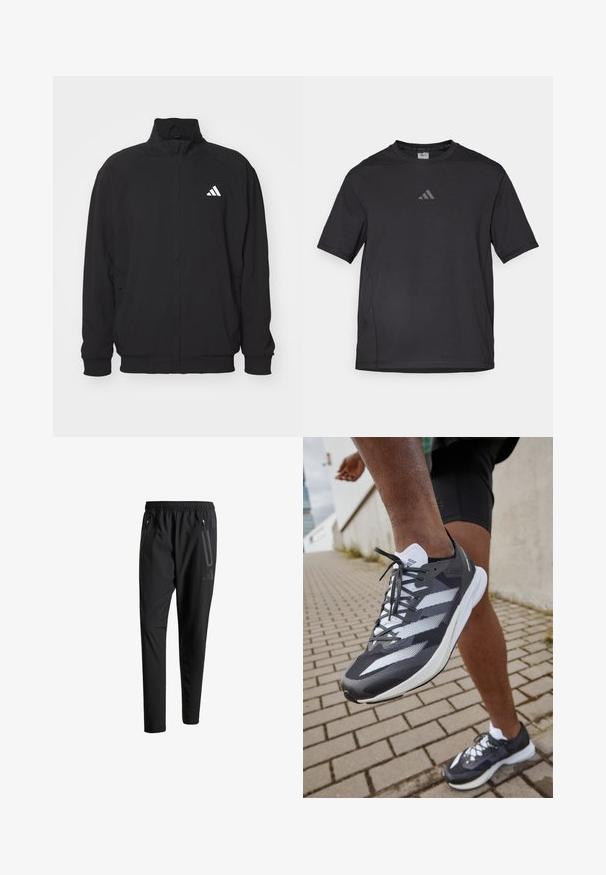Černá vnější bunda vyrobená z lehkého materiálu, s vysokým límcem, zipovým zapínáním, elastickými manžetami a bílým logem na levé straně.; Černé sportovní tričko vyrobené z prodyšného materiálu, s krátkými rukávem, kulatým výstřihem a reflexním logem na hrudi.; Černé sportovní kalhoty s elastickým pasem, dvěma zipovými bočními kapsami, zúženými nohavicemi a decentním logem na boku.; adidas Performance ADIZERO ADIOS 8 - Silniční běžecké boty - carbon/footwear white/core black