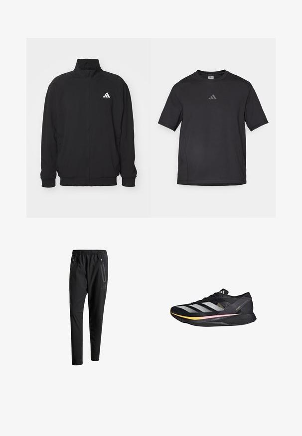 Veste extérieure noire en tissu léger, avec un col haut, fermeture éclair, poignets élastiques et un logo blanc sur le côté gauche.; T-shirt de sport noir en matériau respirant, à manches courtes, avec un col rond et un logo réfléchissant sur la poitrine.; Pantalons de sport noirs avec une taille élastique, deux poches latérales zippées, des jambes fuselées et un détail de logo subtil sur la hanche.; adidas Performance ADIZERO TAKUMI SEN 10 - Chaussures de running sur route - core black metalic spark