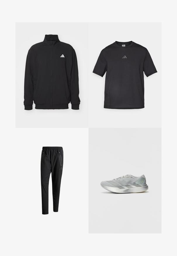 Crna zunanja jakna iz lahkega materiala, z visokim ovratnikom, zadrgo, elastičnimi manšetami in belim logotipom na levi strani.; Črno atletsko majico iz zračnega materiala, ki ima kratke rokave, okroglo ovratnik in odsevni logotip na prsih.; Črne športne hlače z elastičnim pasom, dvema žepoma na zadrgo ob strani, zoženimi hlačnicami in diskretnim logotipom na boku.; Lahki sivi športni čevlj z eleganten dizajn, ki ima teksturirano zgornje del, tri diagonalne črte in odsevni srebrni podplat.