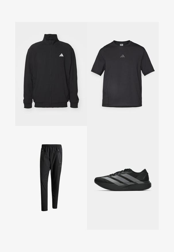 Crna zunanja jakna iz lahkega materiala, z visokim ovratnikom, zadrgo, elastičnimi manšetami in belim logotipom na levi strani.; Črno atletsko majico iz zračnega materiala, ki ima kratke rokave, okroglo ovratnik in odsevni logotip na prsih.; Črne športne hlače z elastičnim pasom, dvema žepoma na zadrgo ob strani, zoženimi hlačnicami in diskretnim logotipom na boku.; Crne atletske čevlje z lahkotno zasnovo, ki imajo tri izrazite sive črte, gladko teksturo in oblikovano podplat.