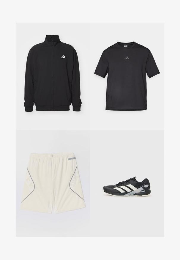 Black outer jacket made of lightweight fabric, featuring a high collar, zip closure, elastic cuffs, and a white logo on the left side.; Black athletic t-shirt made of breathable material, featuring short sleeves, a round neck, and a reflective logo on the chest.; Light beige athletic shorts with an elastic waistband, gray piping, and side pockets featuring a patterned design. Made from breathable material.; Black athletic shoe with white stripes, mesh upper, rounded toe, and cushioned sole. Features a textured heel and secure lacing system.