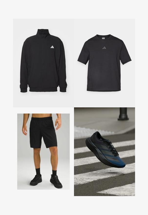 Svart ytterjacka i lätt material, med hög krage, dragkedjestängning, elastiska ärmslut och en vit logotyp på vänster sida.; Svart atletisk t-shirt tillverkad av ett ventilerande material, med korta ärmar, rund hals och en reflexlogotyp på bröstet.; Svarta idrottsshorts med resårmidja, tillverkade av lättviktsmaterial. Matchas med svarta strumpor och klumpiga svarta sneakers.; Svart och blå atletisk sko med en strömlinjeformad design, med ett texturerat överstycke, kontrasterande ränder och en dämpad sula, svävande över asfalt.