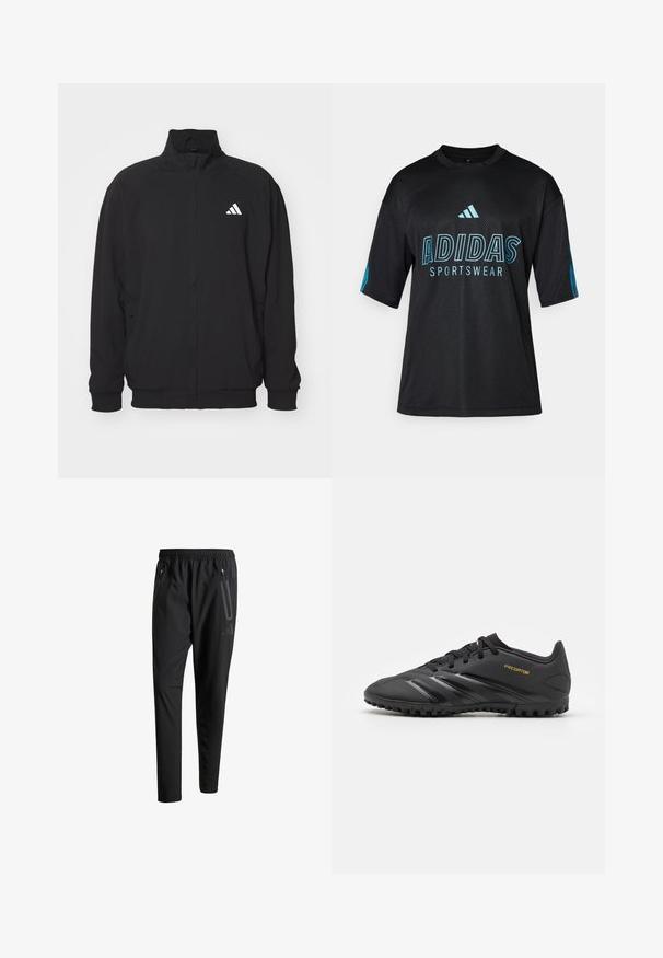 Schwarze Außenjacke aus leichtem Stoff, mit hochgeschlossenem Kragen, Reißverschluss, elastischen Bündchen und einem weißen Logo auf der linken Seite.; Schwarzes Adidas-Sportshirt mit Mesh-Textur, kurzen Ärmeln, rundem Kragen und blauen Logo- sowie Textdetails auf der Vorder- und den Ärmeln.; Schwarze Sporthose mit elastischem Bund, zwei Reißverschlusstaschen an den Seiten, schmal zulaufenden Beinen und einem dezenten Logo-Detail an der Hüfte.; adidas Performance PREDATOR CLUB - Rasen-Fußballschuhe - core black/gold metallic