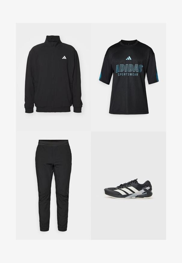 Must kandjast valmistatud kergest kangast, millel on kõrge krae, lukuga sulgemine, elastsed mansetid ja valge logo vasakul küljel.; Mustad musta värvi Adidas spordipusa, millel on võrgu tekstuur, lühikesed varrukad, ümmargune kaelus ning sinine logo ja tekst detaili esi- ja varrukatel.; Musthave venituspüksid, millel on sobiv disain, elastne vöökoht ja lukuga taskud. Sujuv tekstuur ja kergelt läikiv viimistlus.; Mustad sportlik jalanõud mustade värvidega, valgete triipudega, võrgusilma pealmine osa, ümar varvas ja pehme tallaga. Omab tekstureeritud kontsa ja kindlat paeltesüsteemi.