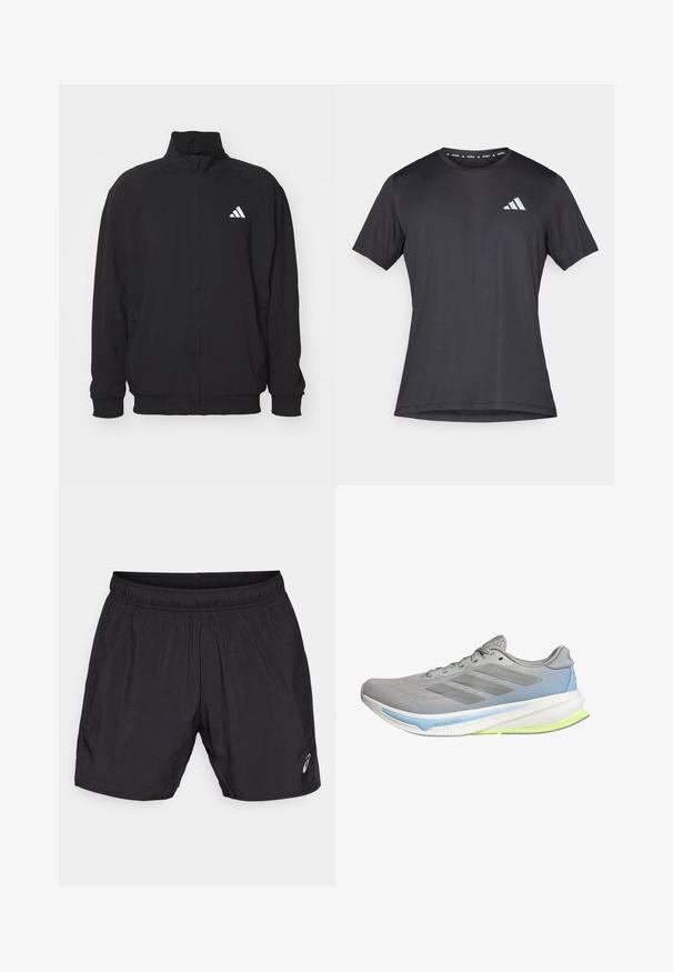 Sort yderjakke lavet af letvægtsstof, med høj krave, lynlås lukning, elastiske manchetter og et hvidt logo på venstre side.; Sort atletisk t-shirt med korte ærmer og rund halsudskæring, lavet af letvægtsstof. Har et reflekterende Adidas-logo på fronten.; Sorte atletiske shorts lavet af letvægtsmateriale, med en elastisk talje og et lille logo på nederste venstre side.; Letvægts løbesko i grå mesh med blå og limegrønne accenter. Har en buet sål, struktureret mønster og seks snøringer til snørebånd.