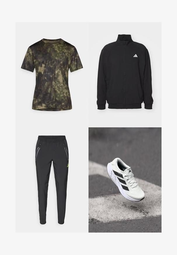 Czarna zewnętrzna kurtka wykonana z lekkiego materiału, z wysokim kołnierzem, zapięciem na zamek, elastycznymi mankietami oraz białym logo po lewej stronie.; adidas Performance - Koszulka sportowa; adidas Performance REAL MADRID VISTECH czarny; Białe buty sportowe z teksturowaną siateczką, czarnymi paskami, z zapięciem na sznurowadła i wyściełaną podeszwą, unoszące się nad oznaczoną nawierzchnią drogi.