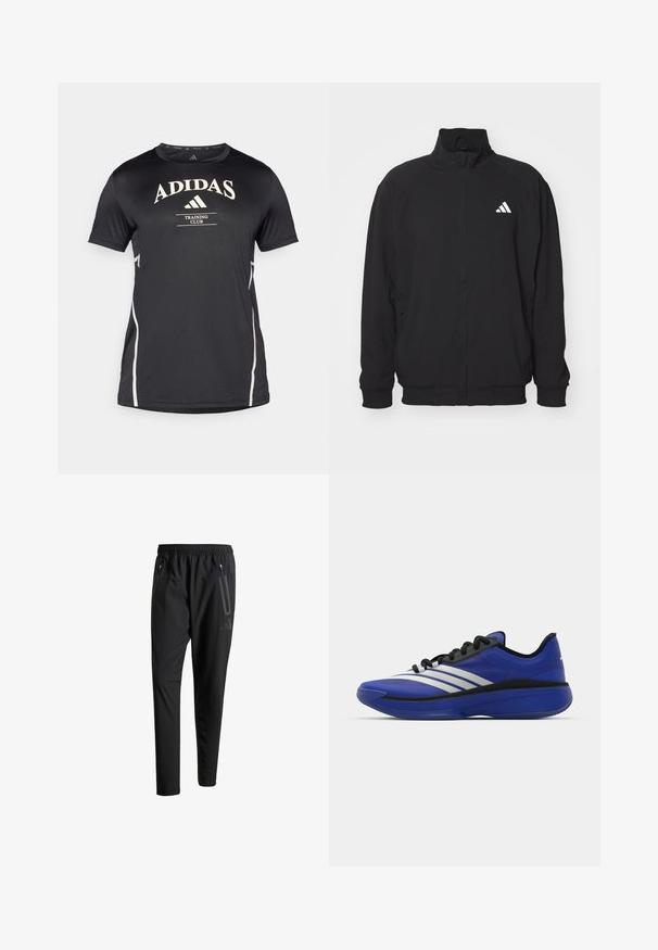 Crna zunanja jakna iz lahkega materiala, z visokim ovratnikom, zadrgo, elastičnimi manšetami in belim logotipom na levi strani.; Črna adidas trening majica s kratkimi rokavi, ki vsebuje belo logotipno besedilo in stranske akcentne dele. Gladka tekstura in športen kroj.; Črne športne hlače z elastičnim pasom, dvema žepoma na zadrgo ob strani, zoženimi hlačnicami in diskretnim logotipom na boku.; adidas Performance ADIZERO SELECT 3.0 - Košarkarski copati - lucid blue/core black/metallic