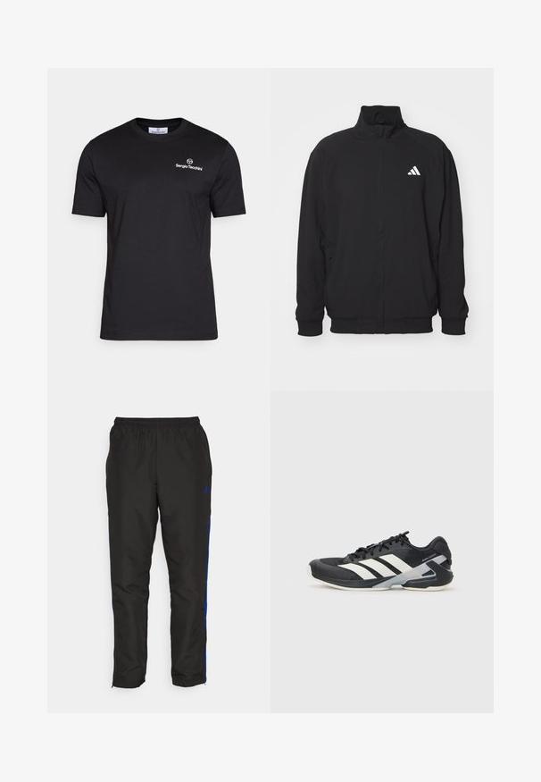 Chaqueta exterior negra hecha de un tejido ligero, con un alto cuello, cierre de cremallera, puños elásticos y un logo blanco en el lado izquierdo.; Sergio Tacchini BOLD - Camiseta básica - black/white; Pantalones de chándal negros con franjas laterales azules, cinturilla elástica, textura suave y piernas ajustadas. Presenta un logo cerca de la cinturilla.; Zapatilla deportiva negra con franjas blancas, parte superior de malla, punta redondeada y suela acolchada. Presenta un talón texturizado y un sistema de cordones seguro.