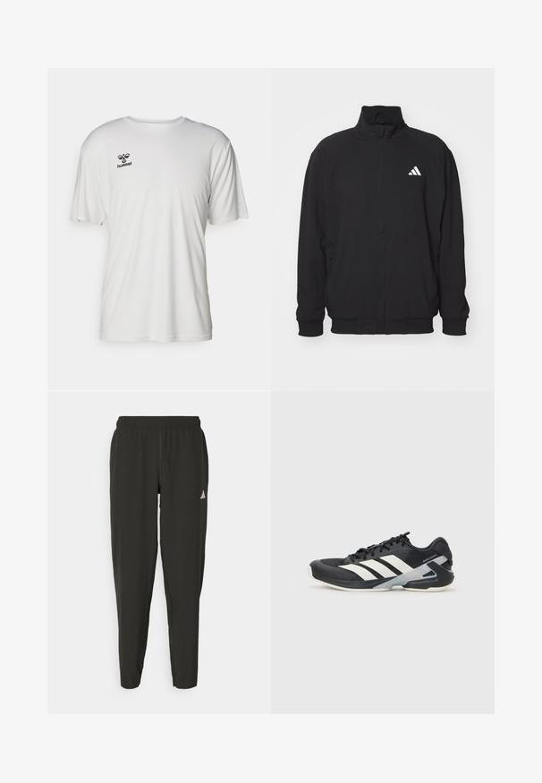 Svart ytterjakke laget av lett stoff, med høy krage, glidelås, elastiske ermer og en hvit logo på venstre side.; Hvit t-skjorte med korte ermer laget av glatt stoff. Har en svart "hummel"-logo på den øvre venstre brystområdet. Standard rund hals-design.; Svarte treningbukser med elastisk midje, slim fit, og hvit logo på venstre bein. Glatt, lett stoff.; Svart treningssko med hvite striper, mesh-overdel, avrundet tå og polstret såle. Har en teksturert hæl og et sikkert snøresystem.