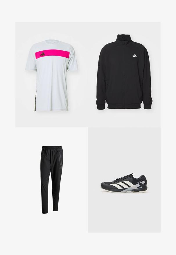 Chaqueta exterior negra hecha de un tejido ligero, con un alto cuello, cierre de cremallera, puños elásticos y un logo blanco en el lado izquierdo.; Camiseta deportiva blanca con una franja horizontal rosa que presenta tres franjas negras y acentos de logo en uno de los lados. Fabricada con tejido ligero.; Pantalones deportivos negros con una cintura elástica, dos bolsillos laterales con cremallera, piernas ajustadas y un discreto detalle de logo en la cadera.; Zapatilla deportiva negra con franjas blancas, parte superior de malla, punta redondeada y suela acolchada. Presenta un talón texturizado y un sistema de cordones seguro.