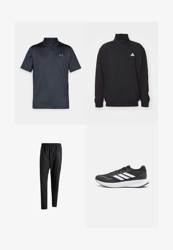 Casaco exterior preto feito de tecido leve, com colarinho alto, fecho de correr, punhos elásticos e um logo branco do lado esquerdo.; Camisa polo cinza escuro feita de um tecido suave, apresentando um padrão geométrico subtil, um colarinho e um logótipo azul no lado esquerdo do peito.; Calças de treino pretas com uma cintura elástica, dois bolsos laterais com fecho, pernas ajustadas e um discreto detalhe de logotipo no quadril.; Shoe de atletismo preto com parte superior em malha respirável, detalhes brancos e sola almofadada. Apresenta o logotipo das três riscas na lateral.
