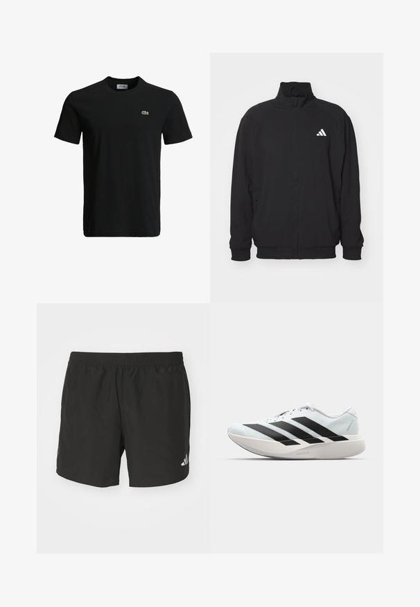 Juodas išorinis švarkas, pagamintas iš lengvos medžiagos, su aukštu apykaklės dizainu, užtrauktuku, elastinėmis rankogaliais ir balta logotipu kairėje pusėje.; Juodas medvilninis marškinėliai su apvaliu kaklu, trumpomis rankovėmis ir mažu žaliu krokodilo logotipu kairėje krūtinės pusėje. Lygi tekstūra, kasdieniškas dizainas.; Juodi sportiniai šortai su elastinga juosmena, šoninėmis plyšiais ir atspindinčiais logotipais. Pagaminti iš lengvos, lygaus audinio.; Lengvi bėgimo batai šviesiai mėlynos spalvos su juodomis juostelėmis. Yra lygus viršus, apvalus pirštas ir storas baltas vidpadis su užrašu "LIGHTSTRIKE PRO."