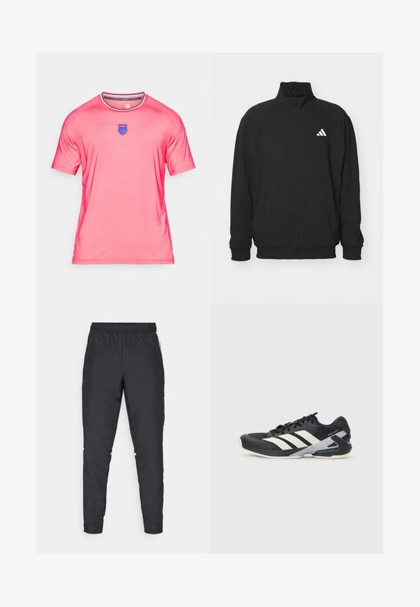 Black outer jacket made of lightweight fabric, featuring a high collar, zip closure, elastic cuffs, and a white logo on the left side.; Pink short-sleeve T-shirt made of smooth, lightweight fabric. Features a round neckline and blue emblem at the chest.; Black athletic pants with an elastic waistband, tapered legs, and white side accents. Made of synthetic material with a smooth texture.; Black athletic shoe with white stripes, mesh upper, rounded toe, and cushioned sole. Features a textured heel and secure lacing system.