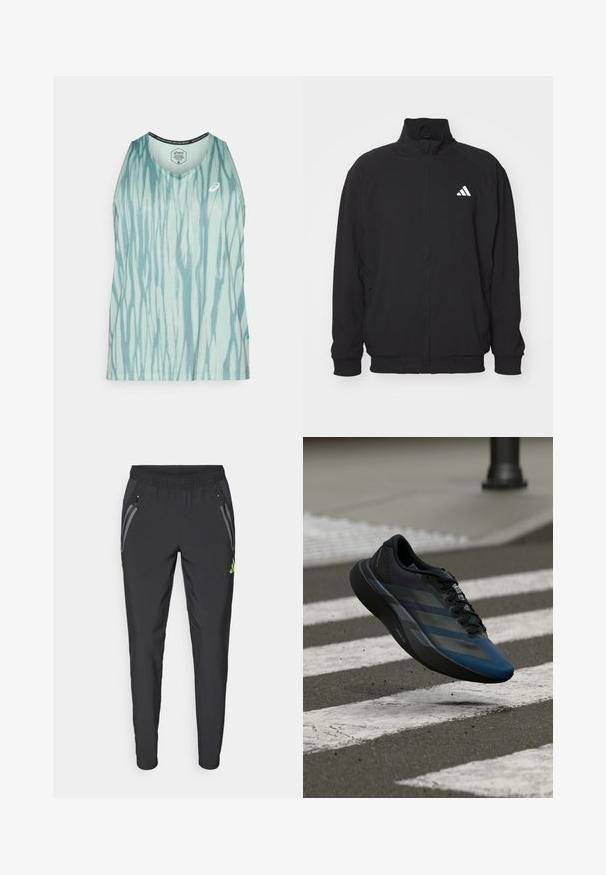 Black outer jacket made of lightweight fabric, featuring a high collar, zip closure, elastic cuffs, and a white logo on the left side.; Light blue tank top featuring a tie-dye pattern with vertical streaks, round neckline, and logo accent. Made from breathable fabric.; adidas Performance REAL MADRID TIRO25 PRO VIS TECH TRAVEL PANT - Club wear - black/lucid lemon; Black and blue athletic shoe with a streamlined design, featuring a textured upper, contrasting stripes, and a cushioned sole, hovering over pavement.