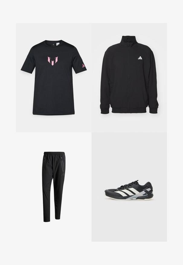 Black outer jacket made of lightweight fabric, featuring a high collar, zip closure, elastic cuffs, and a white logo on the left side.; Black short-sleeve t-shirt made of cotton, featuring a pink geometric logo on the chest and an Adidas logo on the sleeve.; Black athletic pants with an elastic waistband, two zippered side pockets, tapered legs, and a subtle logo detail on the hip.; Black athletic shoe with white stripes, mesh upper, rounded toe, and cushioned sole. Features a textured heel and secure lacing system.