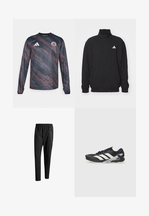 Casaco exterior preto feito de tecido leve, com colarinho alto, fecho de correr, punhos elásticos e um logo branco do lado esquerdo.; Camisola de manga longa em azul escuro e bordeaux com um padrão texturizado e ondulado. Apresenta um colarinho preto e o logótipo do FC Bayern de Munique no peito.; Calças de treino pretas com uma cintura elástica, dois bolsos laterais com fecho, pernas ajustadas e um discreto detalhe de logotipo no quadril.; Sapata atlética preta com riscas brancas, parte superior em malha, biqueira arredondada e sola acolchoada. Apresenta um calcanhar texturizado e um sistema de atacadores seguro.