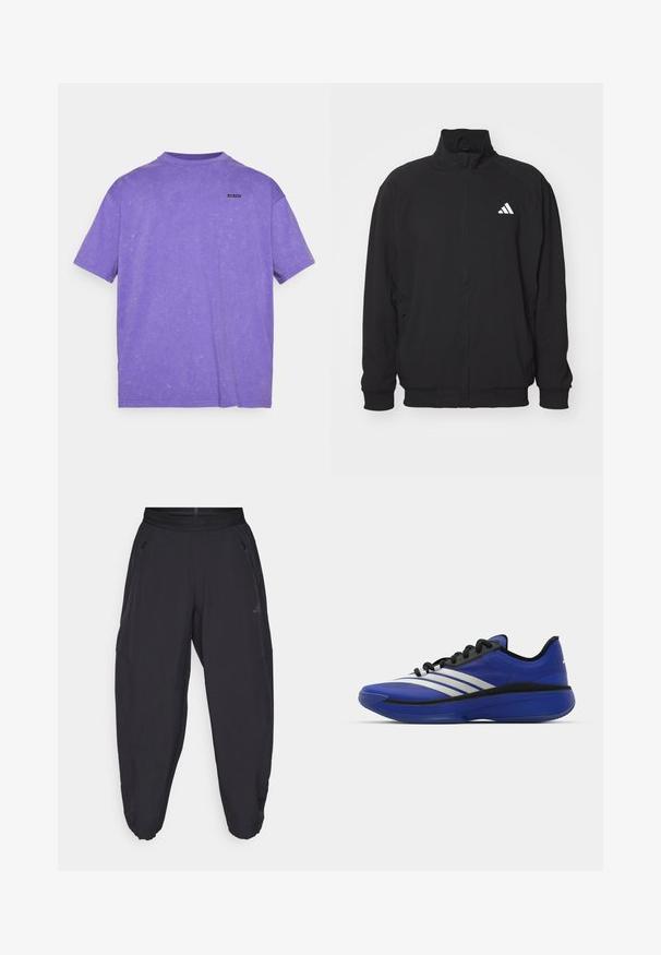 Musta ulkotakki, joka on valmistettu kevyestä kankaasta ja jossa on korkea kaulus, vetoketjusuljin, elastiset hihansuut ja valkoinen logo vasemmalla puolella.; Under Armour LOGO WASH - T-paita - lavish/white; Mustat urheiluhousut, joissa on joustava vyötärö, vetoketjulliset sivutaskut, kaventuvat lahkeet ja huomaamaton logo oikeassa reidessä.; adidas Performance ADIZERO SELECT 3.0 - Koripallokengät - lucid blue/core black/metallic