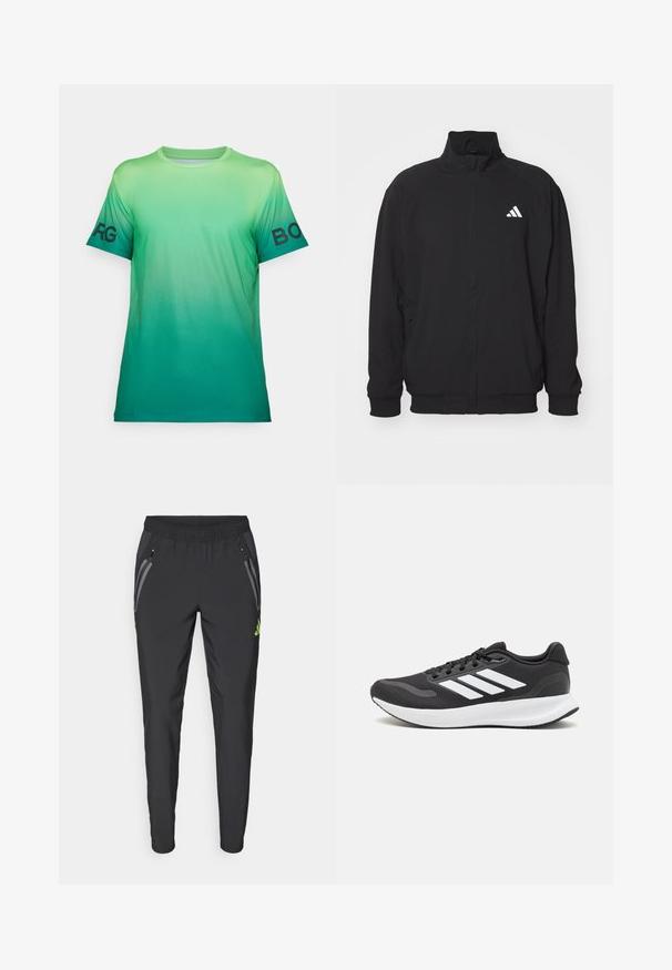 Svart ytterjakke laget av lett stoff, med høy krage, glidelås, elastiske ermer og en hvit logo på venstre side.; Grønn gradient t-skjorte i lett stoff. Korte ermer med "BORG" trykt i svart på venstre erme, rund hals, glatt tekstur.; adidas Performance REAL MADRID TIRO25 PRO VIS TECH TRAVEL PANT - Klubbklær - black/lucid lemon; Svarte sportsko med pustende mesh-overdel, hvite detaljer og en polstret såle. Har tre striper-logo på siden.