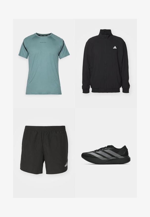 Černá vnější bunda vyrobená z lehkého materiálu, s vysokým límcem, zipovým zapínáním, elastickými manžetami a bílým logem na levé straně.; Endless APHEX - Sportovní tričko - cypress; Černé sportovní šortky s elastickým pasem, bočními rozparky a reflexními akcenty loga. Vyrobené z lehkého a hladkého materiálu.; Černé sportovní boty s lehkou konstrukcí, se třemi výraznými šedými pruhy, hladkým povrchem a tvarovanou podrážkou.