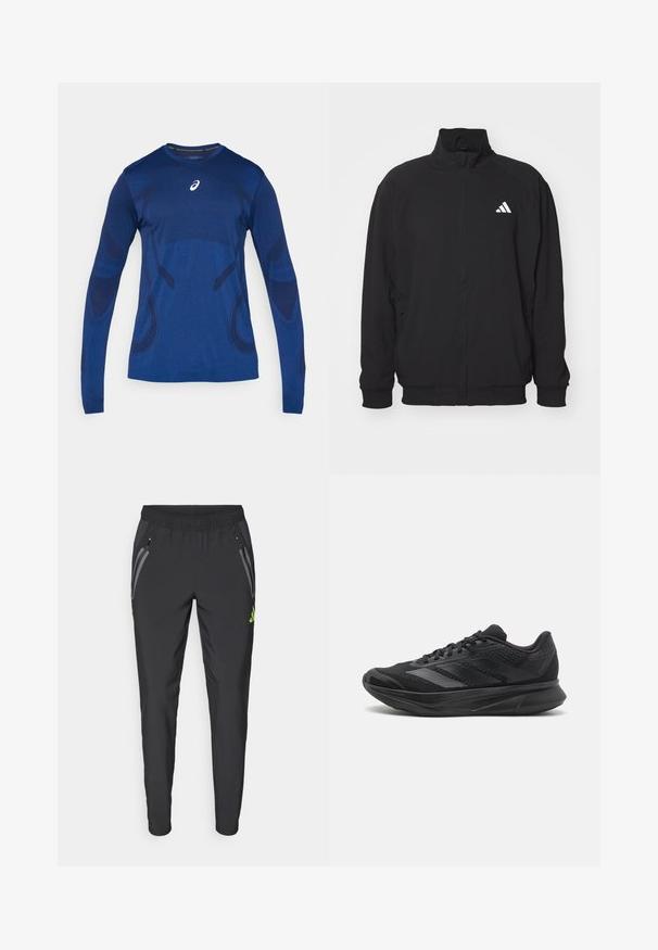 Čierna vonkajšia bunda vyrobená z ľahkej tkaniny, so zvýšeným golierom, zapínaním na zips, elastickými manžetami a bielym logom na ľavej strane.; ASICS ROAD SEAMLESS TOP - Top s dlhým rukávom - midnight; adidas Performance REAL MADRID TIRO25 PRO VIS TECH TRAVEL PANT - Klubové oblečenie - black/lucid lemon; Čierna športová obuv s sieťovinou a syntetickými materiálmi, aerodynamický dizajn, zakrivená podrážka a štruktúrované detaily na vrchnáku.