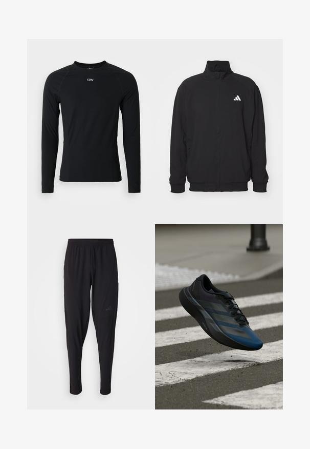 Svart ytterjakke laget av lett stoff, med høy krage, glidelås, elastiske ermer og en hvit logo på venstre side.; Svart langermet treningsskjorte laget av elastisk stoff, har rund hals og flate sømmer. Liten logo på øvre bryst.; Svarte treningsbukser med elastisk midje, smal design, sidelommer og subtil logo. Laget av fleksibelt, pustende stoff.; Svart og blå atletisk sko med en strømlinjeformet utforming, som har en teksturert overdel, kontrasterende striper og en polstret såle, svevende over fortauet.