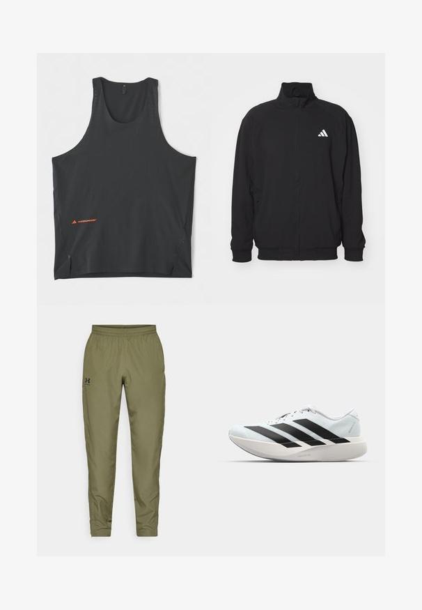 Schwarze Außenjacke aus leichtem Stoff, mit hochgeschlossenem Kragen, Reißverschluss, elastischen Bündchen und einem weißen Logo auf der linken Seite.; adidas Performance 365 HERMANOS KOUMORI SINGLET - Top - black; Olivgrüne Sporthose mit elastischem Bund, schmal zulaufenden Beinen, glatter Textur und einem kleinen schwarzen Logo auf der linken Seite.; Leichte Laufschuhe in hellblau mit schwarzen Streifen. Sie verfügen über ein glattes Obermaterial, eine runde Zehenpartie und eine dicke weiße Zwischensohle, die mit "LIGHTSTRIKE PRO" beschriftet ist.