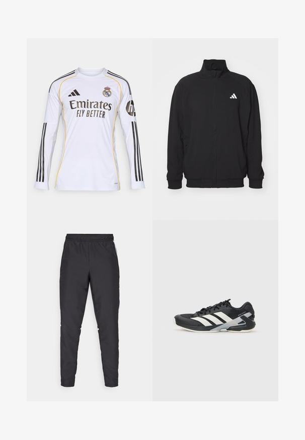 Musta ulkotakki, joka on valmistettu kevyestä kankaasta ja jossa on korkea kaulus, vetoketjusuljin, elastiset hihansuut ja valkoinen logo vasemmalla puolella.; Valkea pitkähihainen paita mustilla ja keltaisilla yksityiskohdilla, jossa on "Emirates Fly Better" -logo ja Real Madridin vaakuna, valmistettu kevyestä synteettisestä materiaalista.; Mustat urheiluhousut, joissa on joustava vyötärö, kapenevat lahkeet ja valkoiset sivuakkentit. Valmistettu synteettisestä materiaalista, jossa on sileä tekstuuri.; Mustat urheilukengät valkoisilla raidoilla, verkkomateriaalia ylhäällä, pyöristetty kärki ja pehmustettu pohja. Varustettu teksturoidulla kantapäällä ja turvallisella nauhoitusjärjestelmällä.