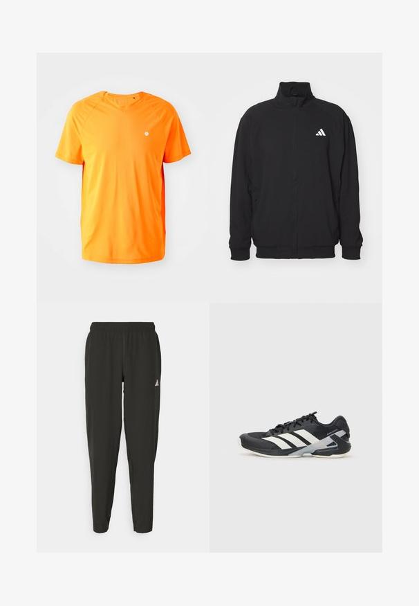 Svart ytterjakke laget av lett stoff, med høy krage, glidelås, elastiske ermer og en hvit logo på venstre side.; Oransje t-skjorte med korte ermer og V-hals laget av glatt stoff, med raglan-ermer og en liten hvit logo på venstre bryst.; Svarte treningbukser med elastisk midje, slim fit, og hvit logo på venstre bein. Glatt, lett stoff.; Svart treningssko med hvite striper, mesh-overdel, avrundet tå og polstret såle. Har en teksturert hæl og et sikkert snøresystem.
