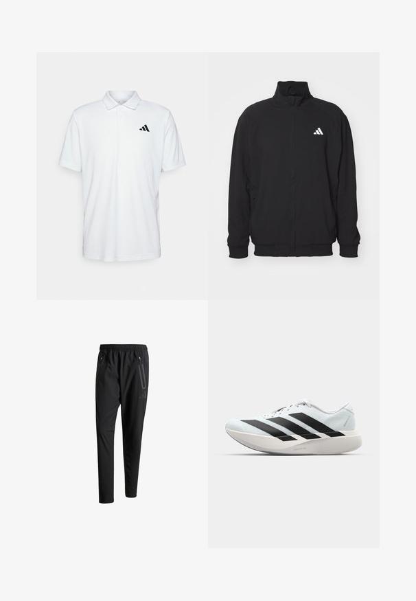 Chaqueta exterior negra hecha de un tejido ligero, con un alto cuello, cierre de cremallera, puños elásticos y un logo blanco en el lado izquierdo.; adidas Performance CLUB TENNIS - Polo - white; Pantalones deportivos negros con una cintura elástica, dos bolsillos laterales con cremallera, piernas ajustadas y un discreto detalle de logo en la cadera.; Zapatillas de running ligeras en azul pálido con rayas negras. Presentan una parte superior suave, puntera redonda y una gruesa mediasuela blanca etiquetada como "LIGHTSTRIKE PRO".
