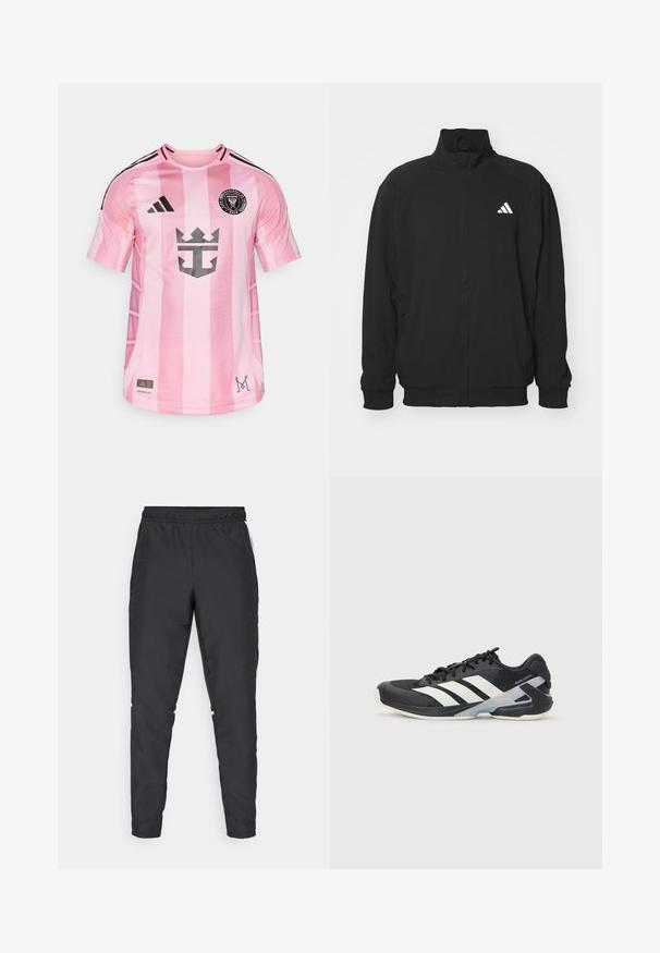 Musta ulkotakki, joka on valmistettu kevyestä kankaasta ja jossa on korkea kaulus, vetoketjusuljin, elastiset hihansuut ja valkoinen logo vasemmalla puolella.; Vaaleanpunainen jalkapallo-asu, jossa on vaakasuoria raitoja, musta logo esillä selvästi ja mustat olkaakkoset. Valmistettu hengittävästä materiaalista.; Mustat urheiluhousut, joissa on joustava vyötärö, kapenevat lahkeet ja valkoiset sivuakkentit. Valmistettu synteettisestä materiaalista, jossa on sileä tekstuuri.; Mustat urheilukengät valkoisilla raidoilla, verkkomateriaalia ylhäällä, pyöristetty kärki ja pehmustettu pohja. Varustettu teksturoidulla kantapäällä ja turvallisella nauhoitusjärjestelmällä.