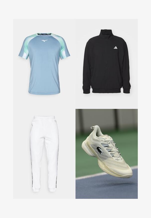 Must kandjast valmistatud kergest kangast, millel on kõrge krae, lukuga sulgemine, elastsed mansetid ja valge logo vasakul küljel.; Heled sinine spordipaita, mis on valmistatud siledast kangast. Funktsioonid raglanvarrukad koos roheliste ja musteraktsentidega. Valge logo rinnal.; Valged dressipüksid elastse vöökoha ja mustade külgtriipudega. Valmistatud pehmest kangast, millel on sile tekstuur.; Valge spordijalats, millel on võrgu ülaserv, kummist väliskumm ja elegantne disain. Sisaldab musta logo ja mitmeid sidumise võimalusi.