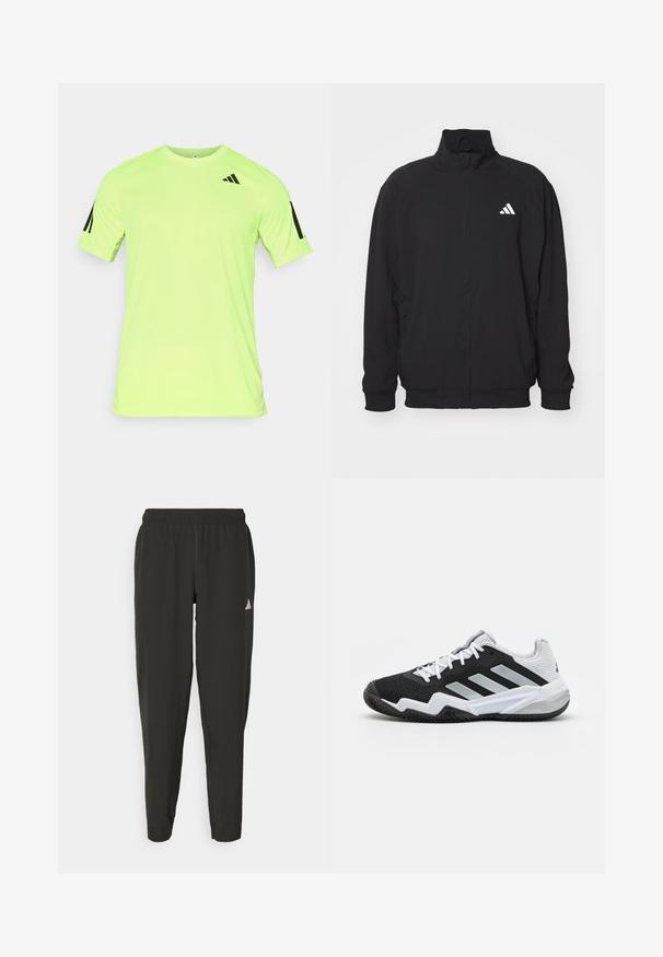 Chaqueta exterior negra hecha de un tejido ligero, con un alto cuello, cierre de cremallera, puños elásticos y un logo blanco en el lado izquierdo.; Camiseta deportiva de manga corta en amarillo neón con tejido que absorbe la humedad, con el logotipo negro de Adidas y rayas en las mangas.; Pantalones deportivos negros con cinturilla elástica, ajuste Slim y logo blanco en la pierna izquierda. Tejido suave y ligero.; Zapatillas deportivas en blanco y negro con parte superior de malla texturizada, suela de goma y tres franjas plateadas de acento en el lateral.