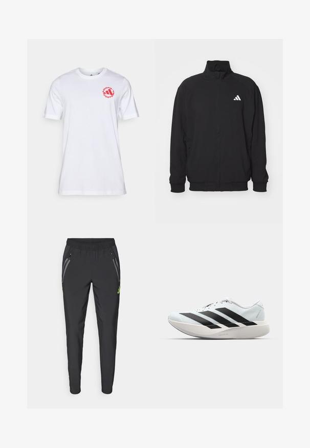 Casaco exterior preto feito de tecido leve, com colarinho alto, fecho de correr, punhos elásticos e um logo branco do lado esquerdo.; T-shirt de algodão branco com gola redonda e mangas curtas. Logotipo circular vermelho com o texto "ADIDAS FOOTBALL" no peito.; adidas Performance REAL MADRID TIRO25 PRO VIS TECH TRAVEL PANT - Roupa de discoteca - black/lucid lemon; Tênis de corrida leves em azul pálido com riscas pretas. Apresentam um cabedal liso, bico redondo e uma entressola espessa branca rotulada como "LIGHTSTRIKE PRO."