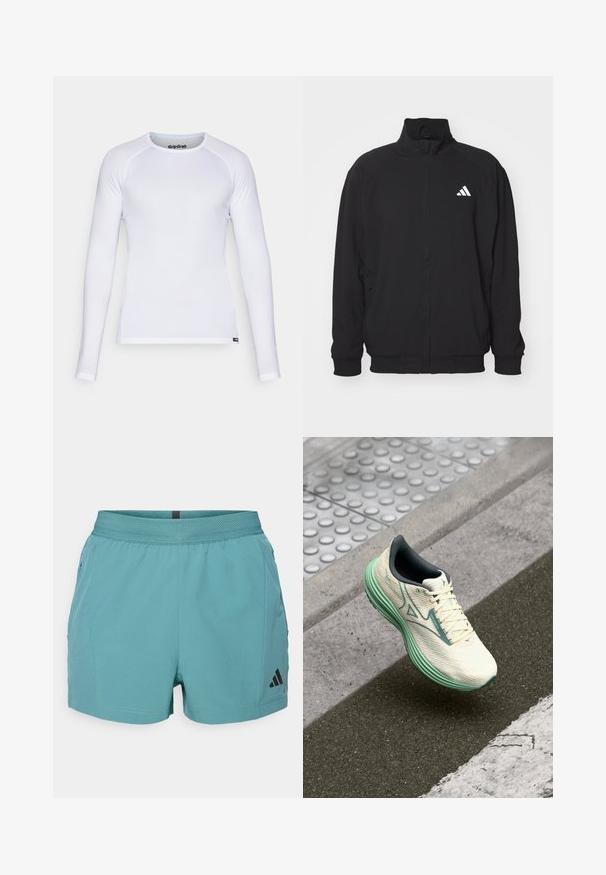 Casaco exterior preto feito de tecido leve, com colarinho alto, fecho de correr, punhos elásticos e um logo branco do lado esquerdo.; Camisa de manga longa branca, feita de um tecido leve e suave. Apresenta um decote redondo e costuras planas. Inclui o logótipo GripGrab na gola.; Calções atléticos em azul-petróleo com uma cintura texturizada, bolsos laterais e o logótipo preto da Adidas no lado inferior direito. Tecido leve.; Sapatilha de corrida leve em creme e verde menta. Apresenta um cabedal texturizado, sola acolchoada e sistema de atilhos para um ajuste seguro.
