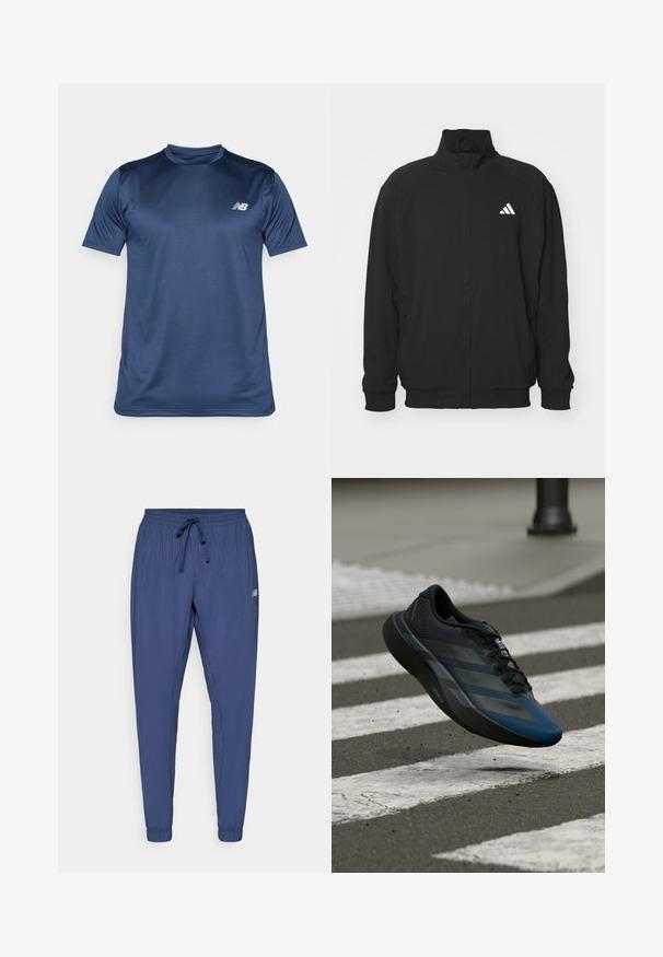 Chaqueta exterior negra hecha de un tejido ligero, con un alto cuello, cierre de cremallera, puños elásticos y un logo blanco en el lado izquierdo.; Camisa atlética de manga corta en azul marino, hecha de una tela suave y que absorbe la humedad. Presenta detalles en los paneles laterales y un pequeño logo blanco en el pecho.; Pantalones deportivos azul marino con cinturilla elástica, cordón y puños ajustados. Presenta bolsillos laterales y un pequeño logo en una pierna.; Zapato deportivo negro y azul con un diseño aerodinámico, que presenta una parte superior texturizada, franjas contrastantes y una suela acolchada, flotando sobre el pavimento.