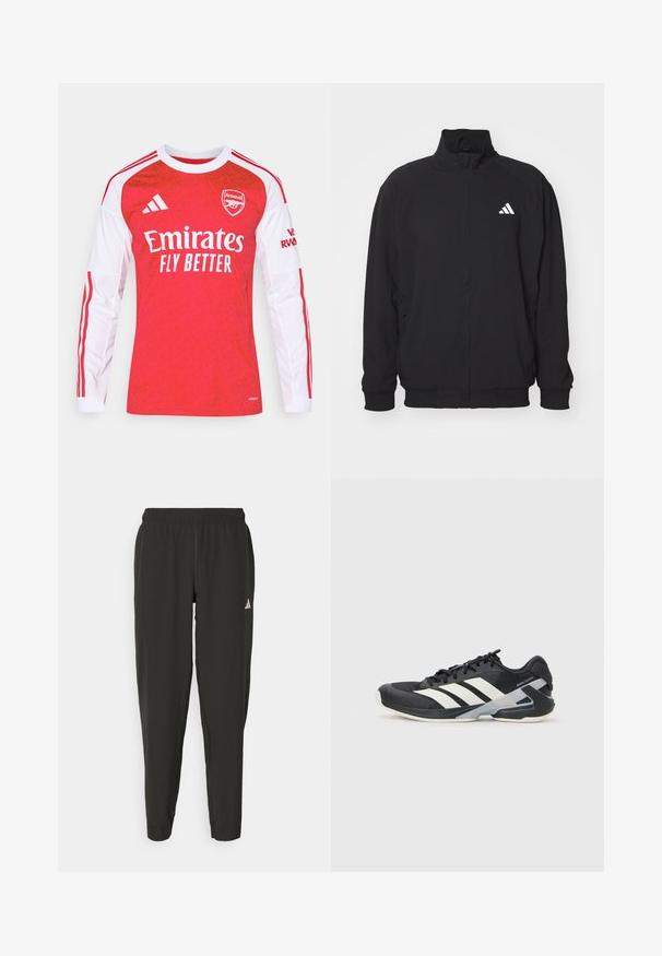 Svart ytterjakke laget av lett stoff, med høy krage, glidelås, elastiske ermer og en hvit logo på venstre side.; Rød langermet fotballdrakt med hvite detaljer, med et teksturert mønster, logo på brystet og teksten "Emirates". Tre striper på skuldrene.; Svarte treningbukser med elastisk midje, slim fit, og hvit logo på venstre bein. Glatt, lett stoff.; Svart treningssko med hvite striper, mesh-overdel, avrundet tå og polstret såle. Har en teksturert hæl og et sikkert snøresystem.