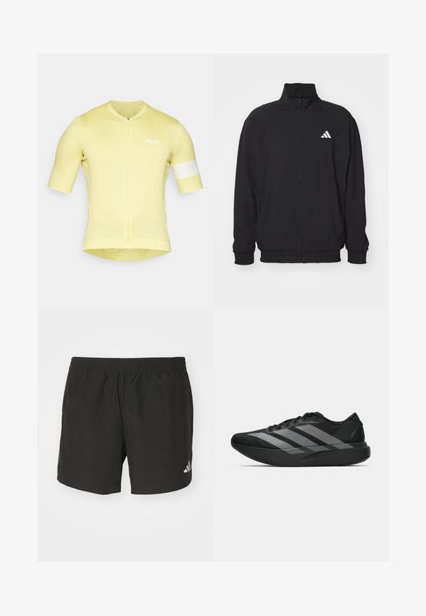 Svart ytterjakke laget av lett stoff, med høy krage, glidelås, elastiske ermer og en hvit logo på venstre side.; Gul sykkeltrøye med korte ermer, tettsittende design, texturert stoff, glidelås foran, og en hvit aksentstripe på ermet. "Rapha"-logo synlig.; Sorte atletiske shorts med elastisk midje, sidelukninger og reflekterende logo aksenter. Laget av lett, glatt stoff.; Sorte svarte treningssko med lett design, med tre fremtredende grå striper, en glatt tekstur og en formet såle.