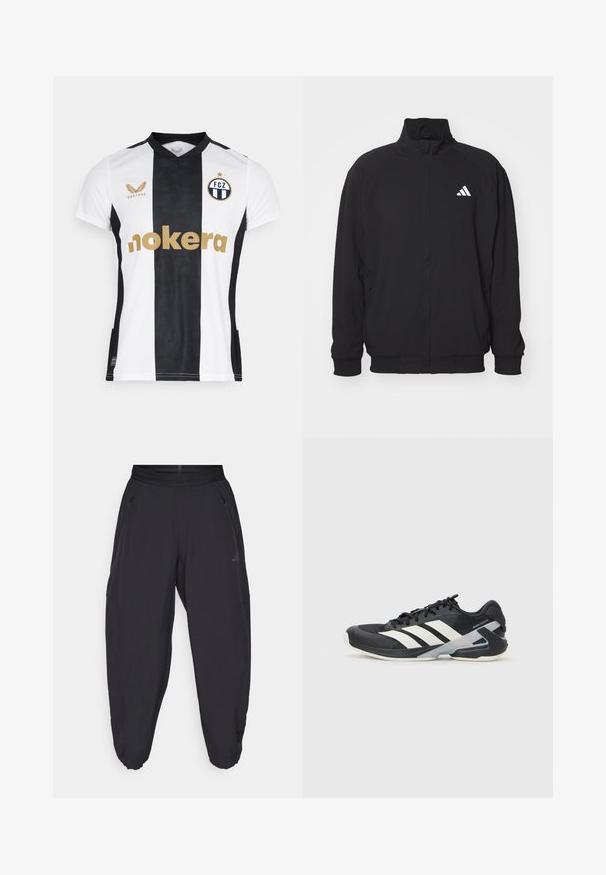 Juodas išorinis švarkas, pagamintas iš lengvos medžiagos, su aukštu apykaklės dizainu, užtrauktuku, elastinėmis rankogaliais ir balta logotipu kairėje pusėje.; FC Zürich futbolo marškiniai su juodai balta juostele, su V formos apykakle, auksiniu logotipu ir tekstūriniais audinio akcentais.; Juoda sportinė kelnė su elastine juosmens juosta, užtrauktuko šoninėmis kišenėmis, siaurėjančiomis kojomis ir subtilia logotipu dešiniajame šlaunyje.; Juoda sportinė avalynė su baltais dryžiais, tinklinis viršus, apvalus pirštas ir paminkštinta padais. Yra tekstūruota kulno dalis ir saugi raištelių sistema.