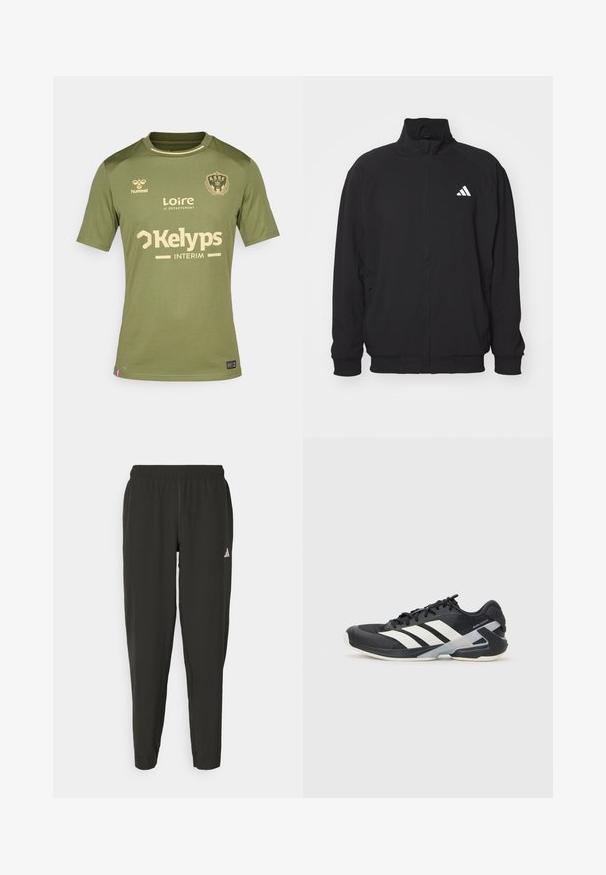 Black outer jacket made of lightweight fabric, featuring a high collar, zip closure, elastic cuffs, and a white logo on the left side.; Olive green Saint-Étienne football jersey with beige sponsor logos and team crest on chest.; Black athletic pants with an elastic waistband, slim fit, and white logo on the left leg. Smooth, lightweight fabric.; Black athletic shoe with white stripes, mesh upper, rounded toe, and cushioned sole. Features a textured heel and secure lacing system.